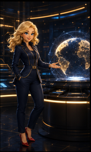 Radiance, the blonde AI companion in navy and gold couture, guiding a glowing globe in her original World Operator scene